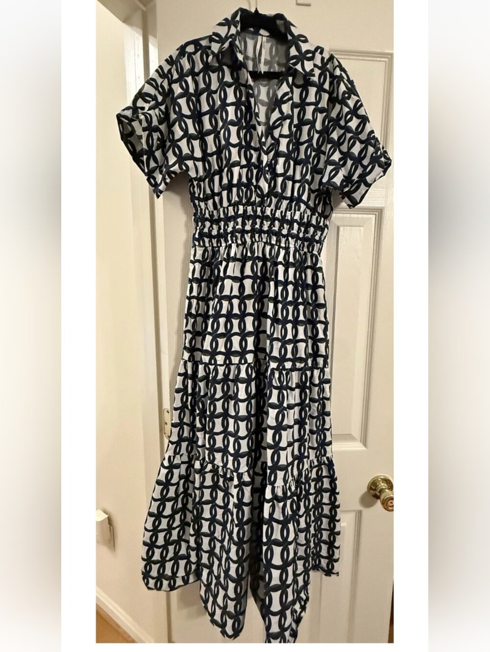 Anthropologie Navy and White Geometric Maxi Dress